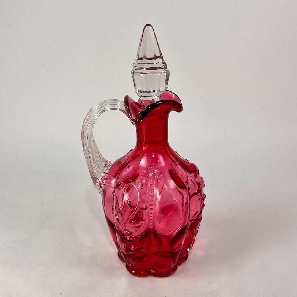 Antique Northwood Cranberry Paneled Sprig Thumbprint Glass Cruet Stopper Glows